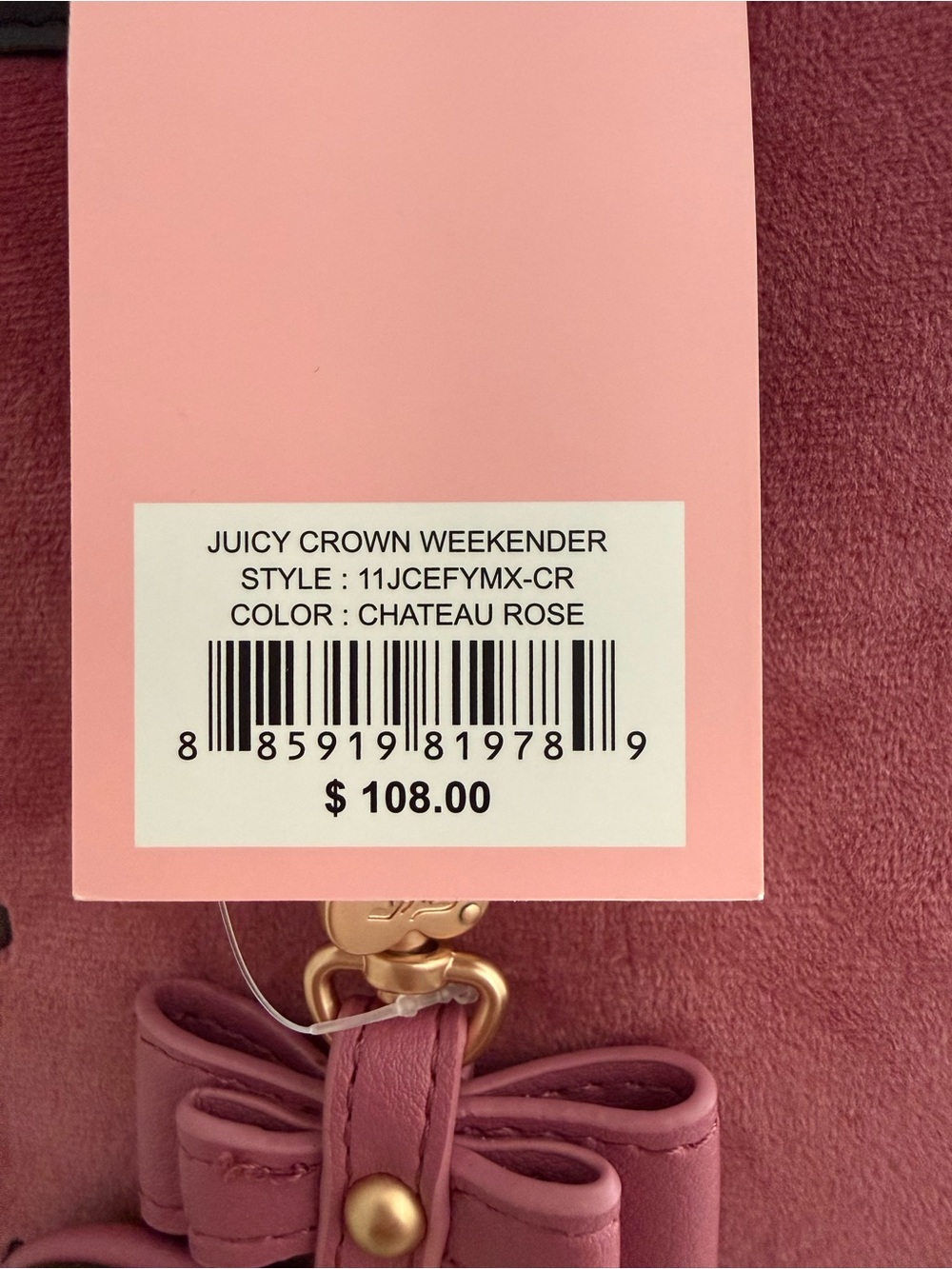Juicy Couture Juicy Crown Weekender Duffle Bag Chateau Rose Velvet Bow Charm - Picture 10 of 10